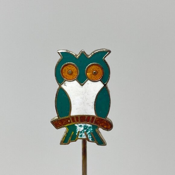 Cloisonne Enamel Owl Stick Pin Novelty Bird Vintage Gold-Tone Green - Picture 1 of 13